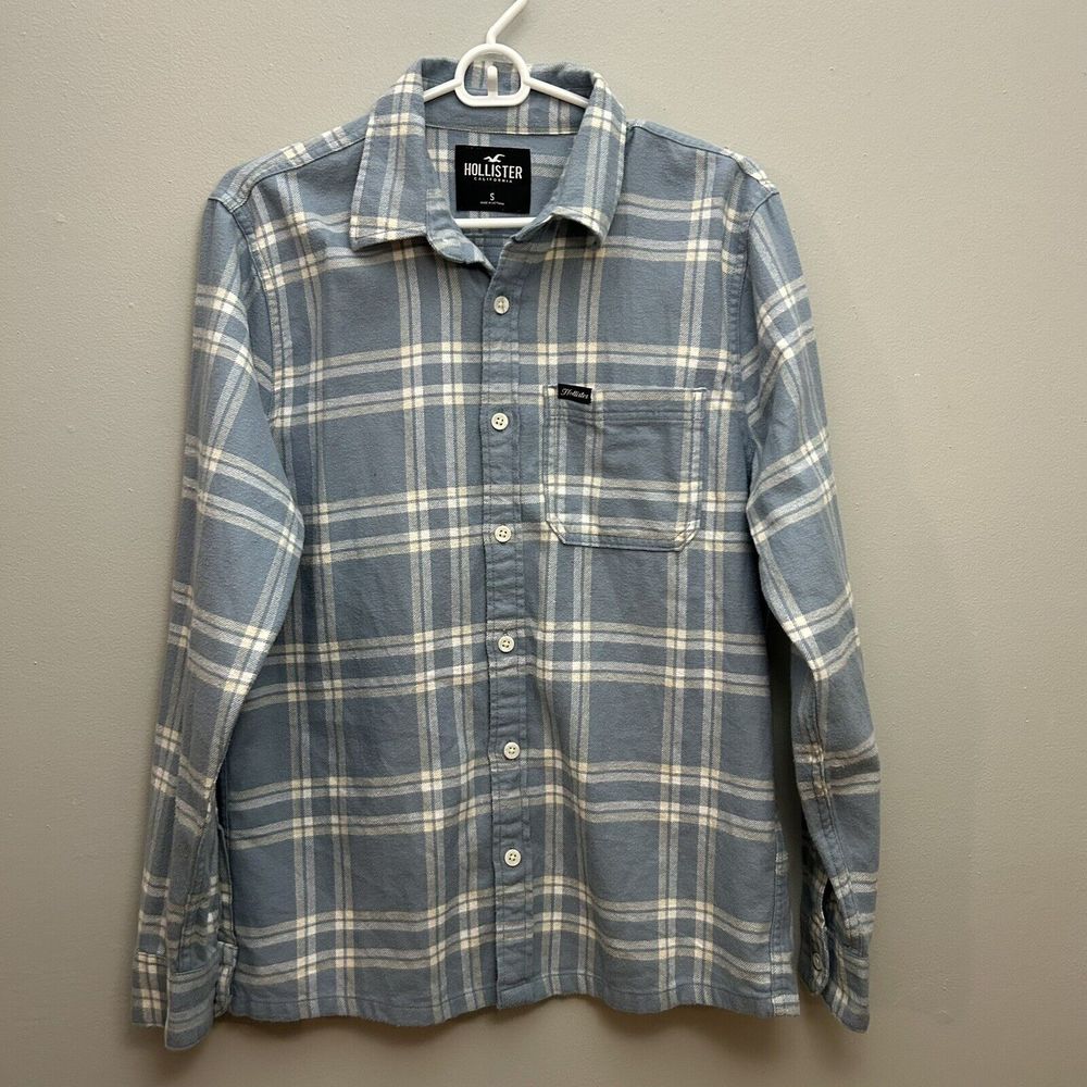 NWOT HOLLISTER MEN'S Long Sleeve Plaid Flannel Shirt Size SMALL Blue 100% cotton